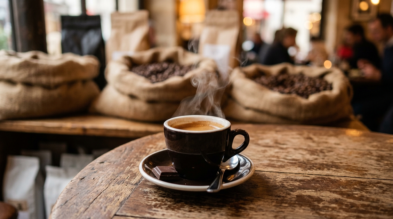 Tasse d'espresso fumante sur une table en bois