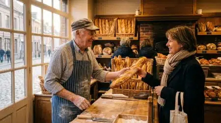 Boulanger tendant une baguette fraîche à un client