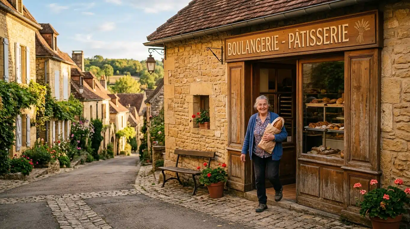 Habitante sortant d'une boulangerie de village en Dordogne