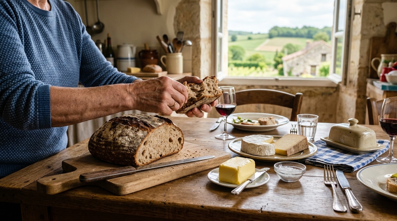 Famille française partageant du pain de campagne à table