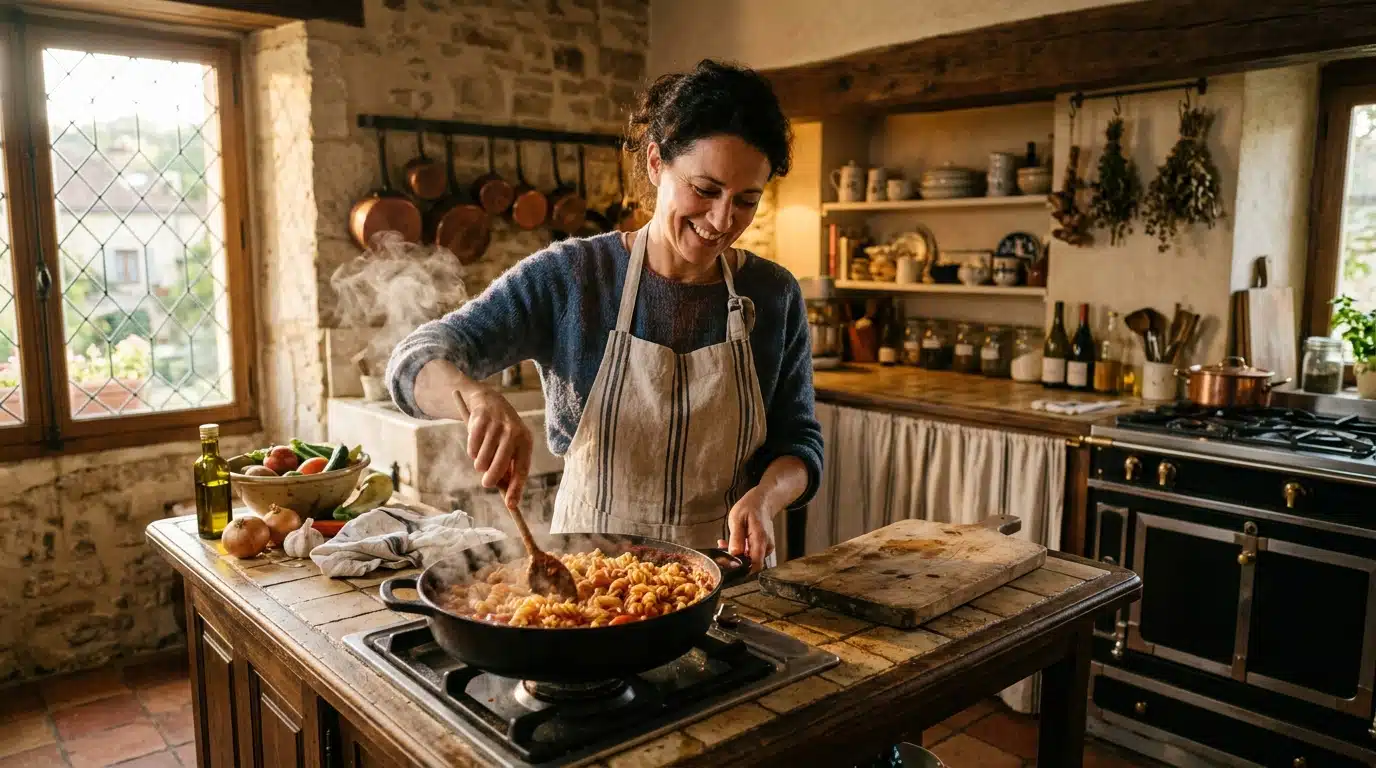 Femme souriante prépare des pâtes dans sa cuisine