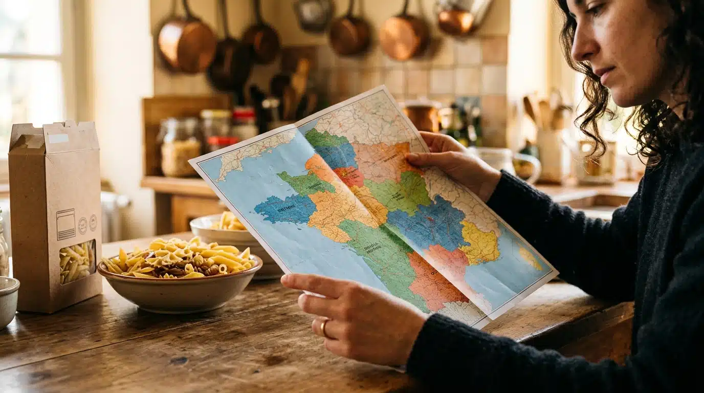 Carte de France et paquet de pâtes sur un comptoir