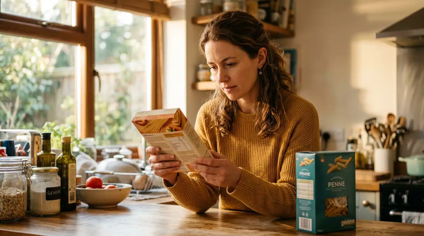 Femme lit l'étiquette d'un paquet de pâtes