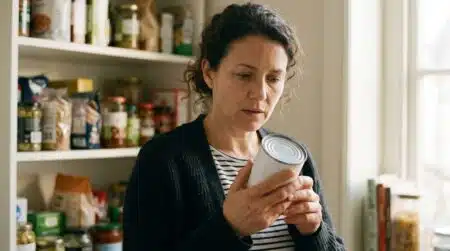 Femme regardant l'étiquette d'une boîte de conserve