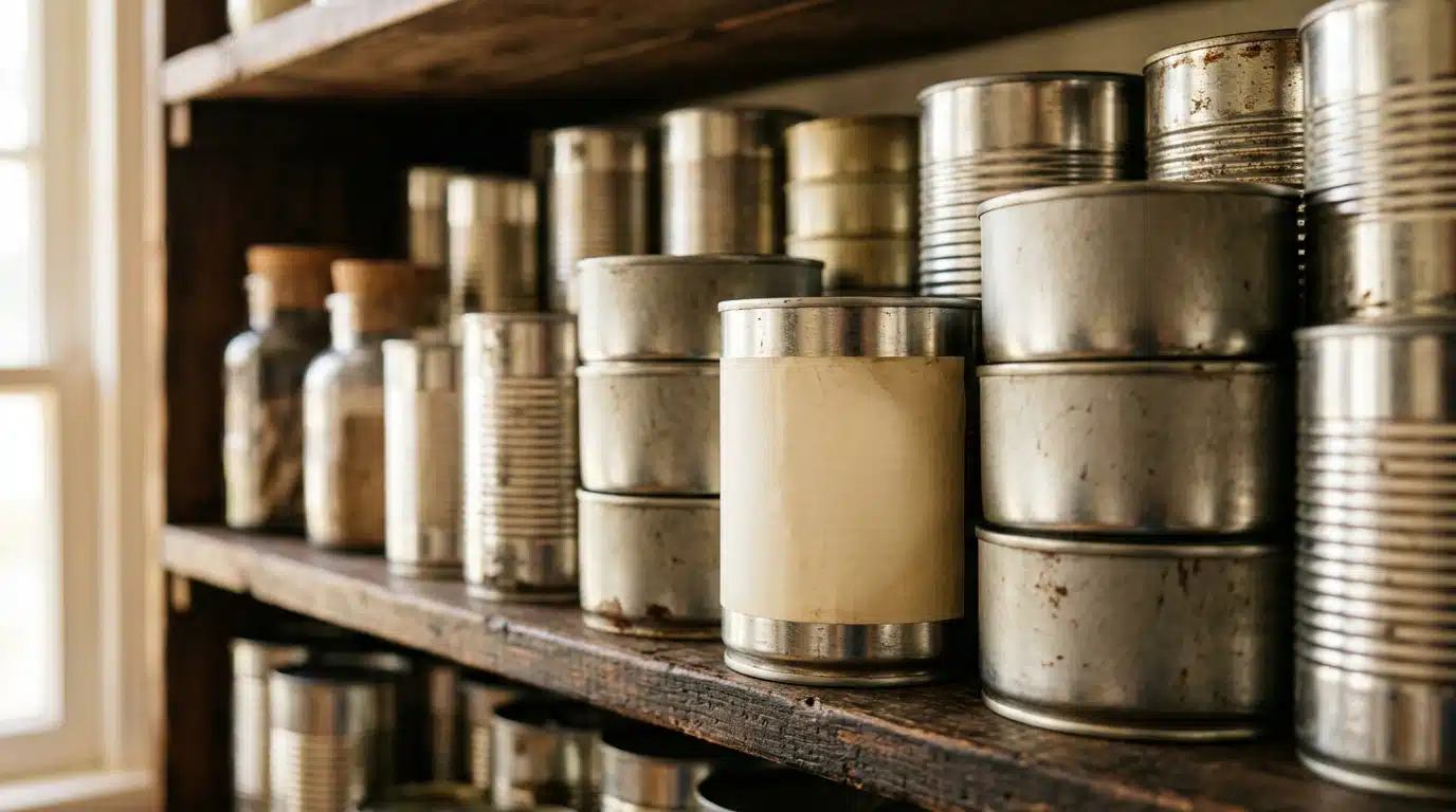 Piles de boîtes de conserve rangées sur une étagère