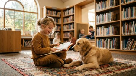 Enfant lisant à voix haute devant un chien calme