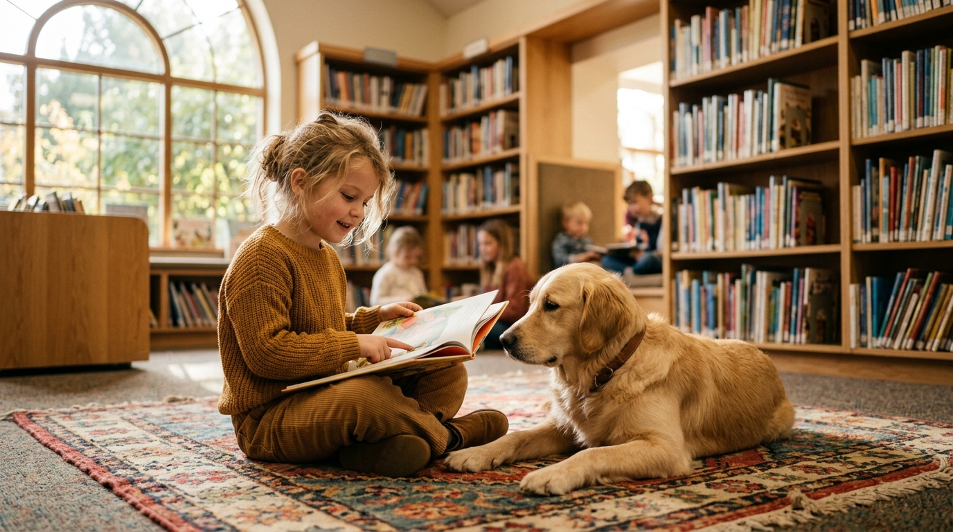 Enfant lisant à voix haute devant un chien calme
