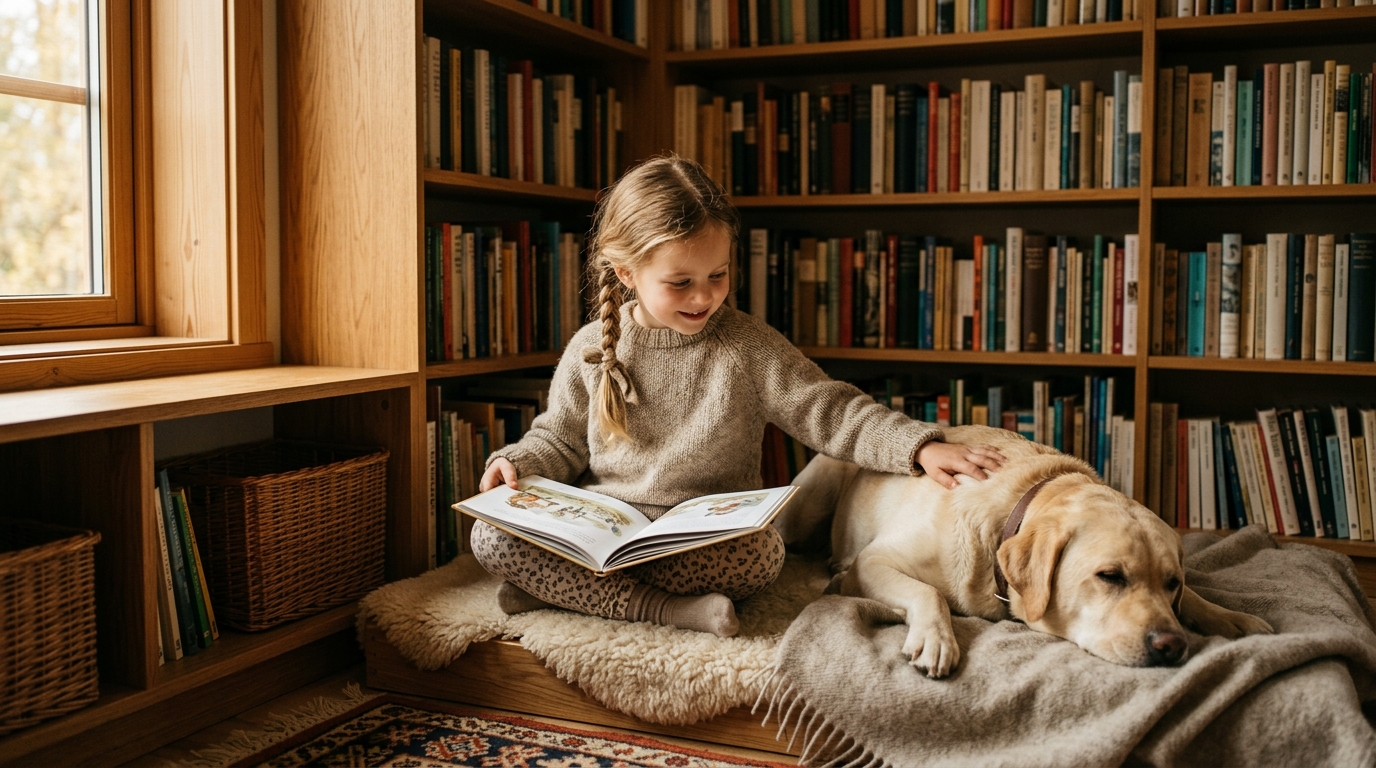 Séance de lecture apaisée entre un enfant et un chien