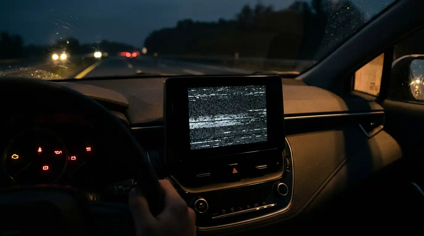 Écran central de voiture noir et bugué la nuit