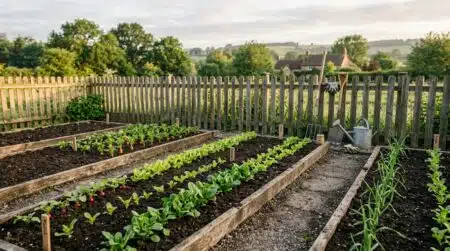Planches de culture avec jeunes légumes dans un potager