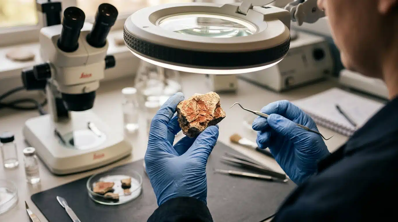 Fragment de roche peinte examiné en laboratoire scientifique