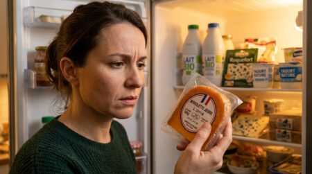 Femme vérifie l'étiquette d'un fromage rappelé pour listeria
