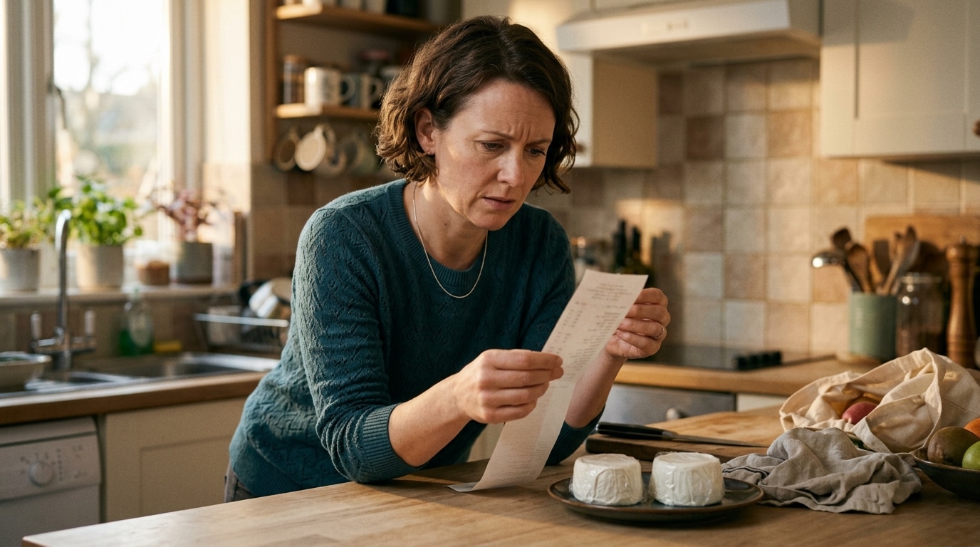 Femme compare son ticket de caisse à un fromage de chèvre