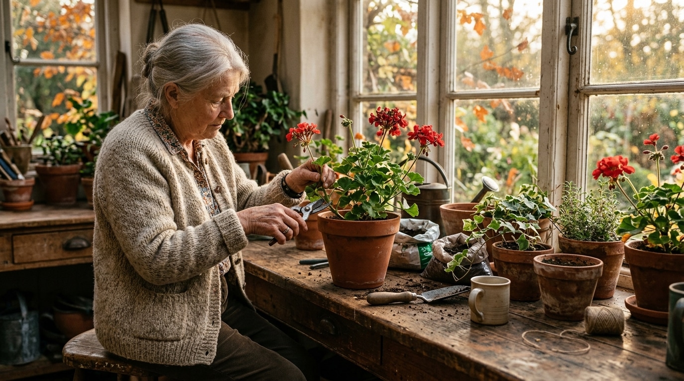 Bouturage d'un géranium en fin d'été sur table en bois