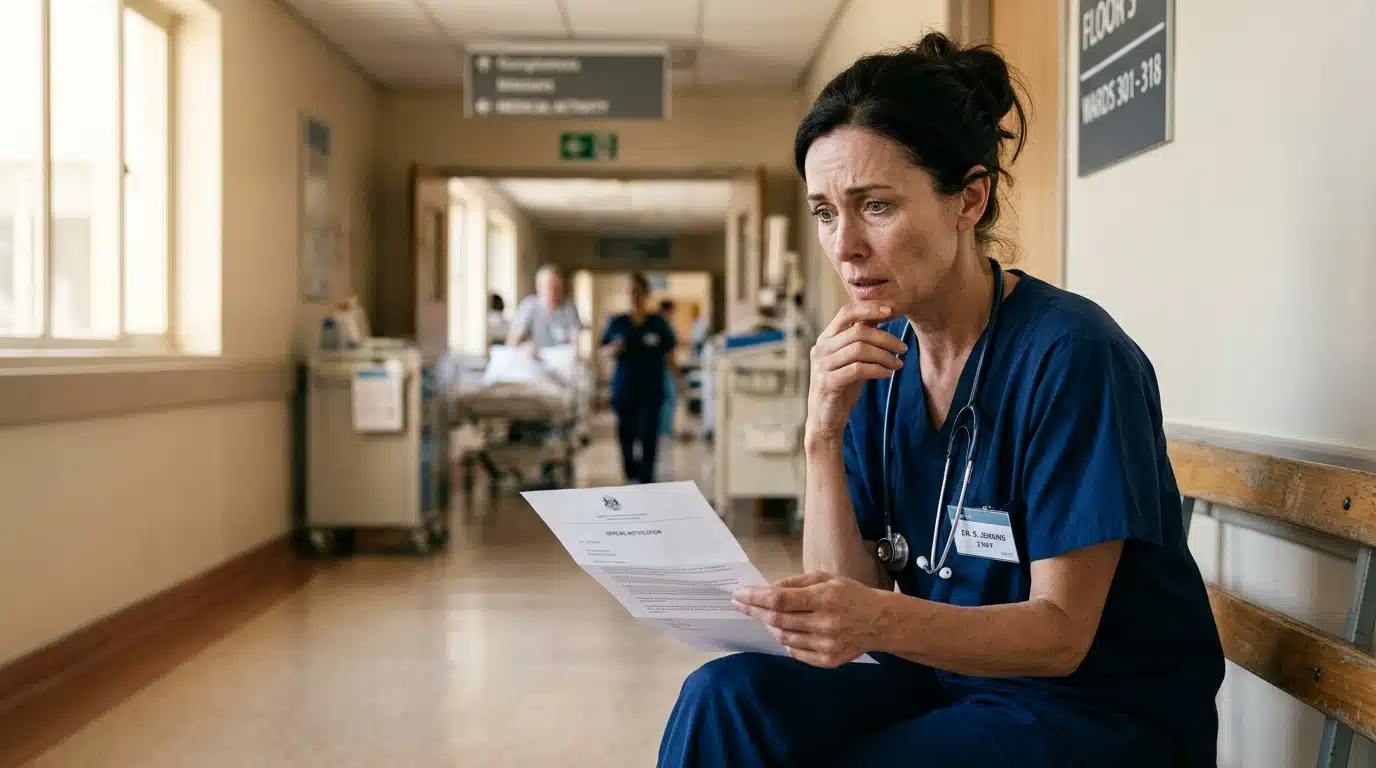 Médecin fixant une lettre officielle dans un couloir d'hôpital