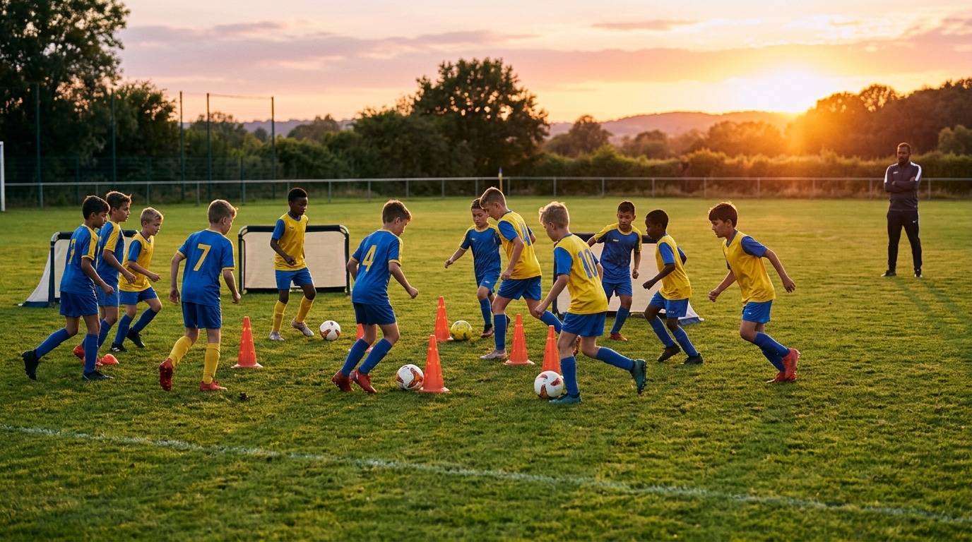 Jeunes footballeurs à l'entraînement au coucher du soleil