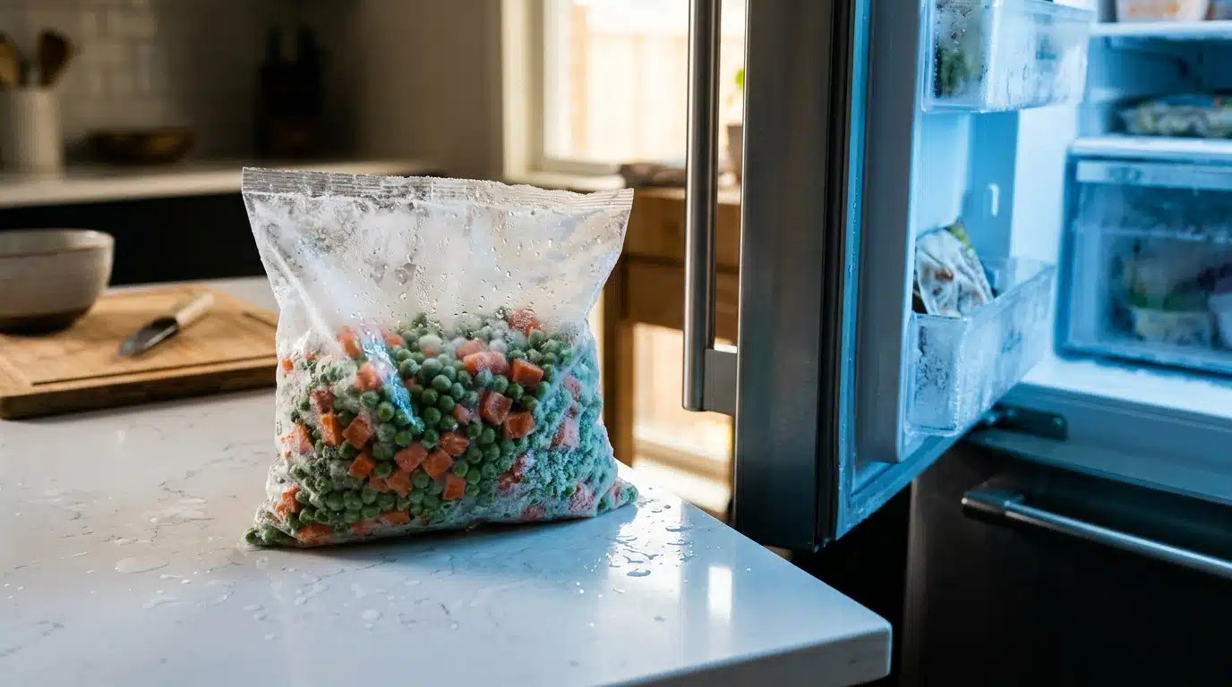 Sachet de légumes surgelés givré sortant du congélateur