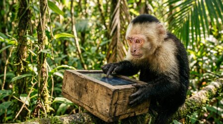Singe capucin touchant un écran tactile dans la jungle
