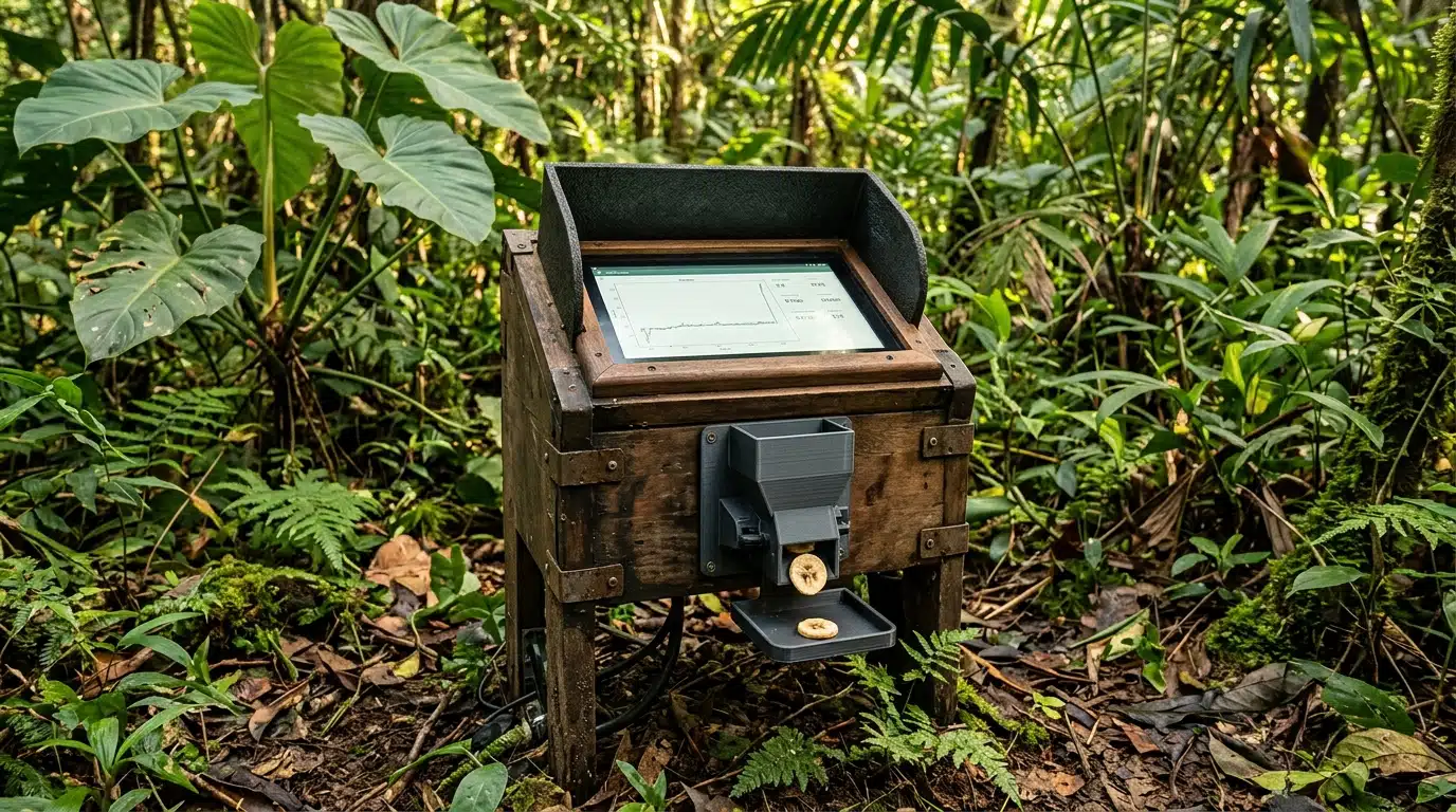 Distributeur de banane séchée relié à un écran forestier