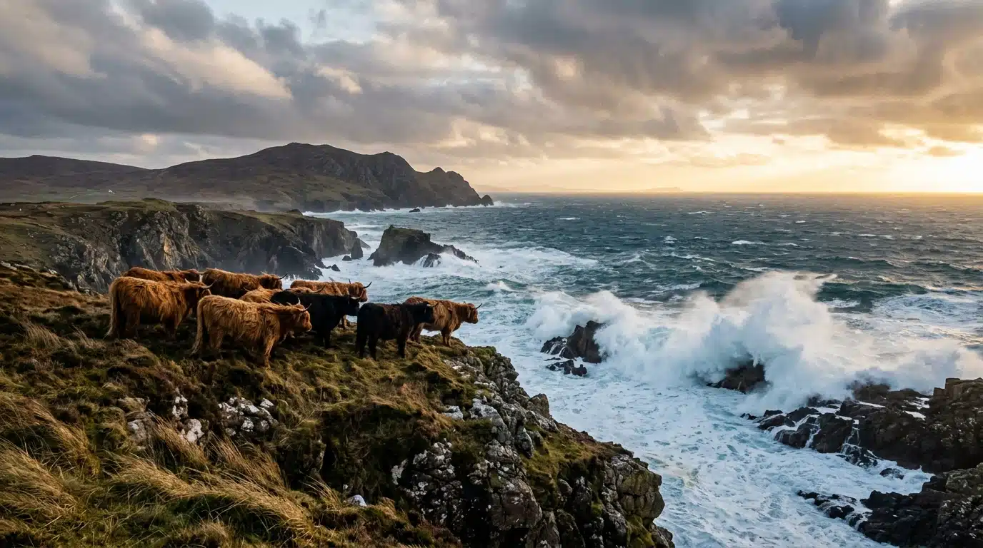 Troupeau de vaches résistant au vent sur l'île