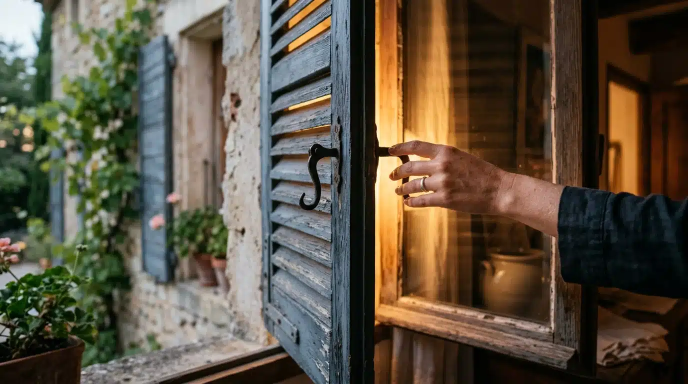 Fenêtre entrouverte derrière un volet roulant le soir