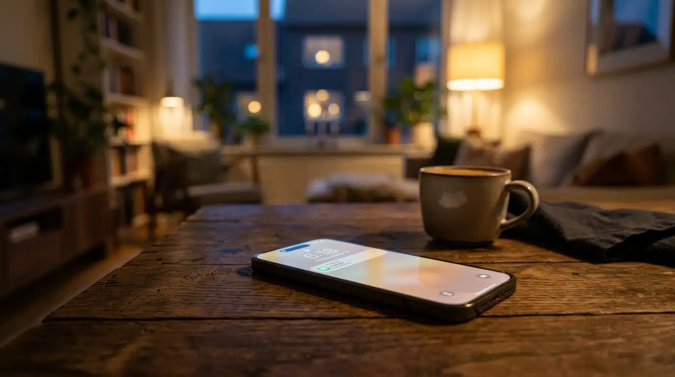 Smartphone posé sur une table en bois au crépuscule