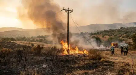 Fumée d'incendie s'élevant près d'un poteau électrique en campagne