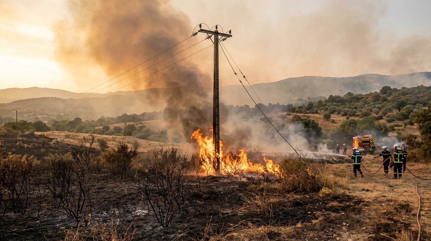 Fumée d'incendie s'élevant près d'un poteau électrique en campagne