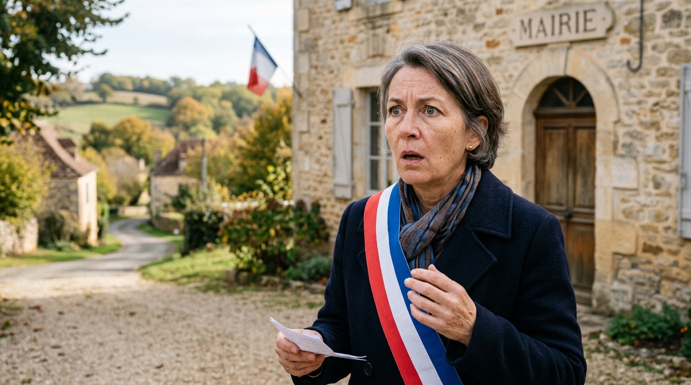Visage stupéfait d'une habitante devant la mairie du village