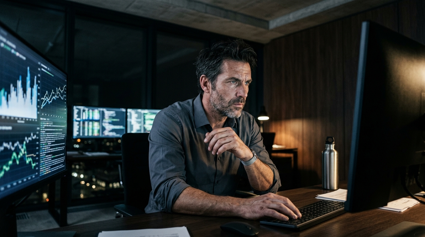 Dirigeant tech épuisé travaillant seul de nuit au bureau