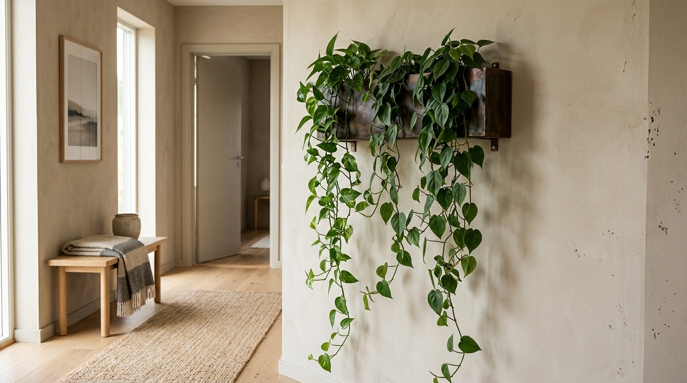 Jardinière verticale murale avec plantes retombantes dans une entrée