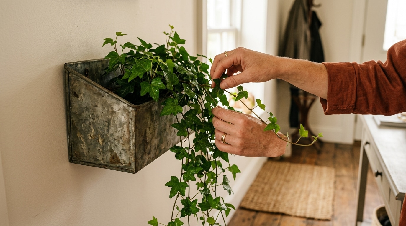 Gros plan sur une jardinière métallique fixée au mur