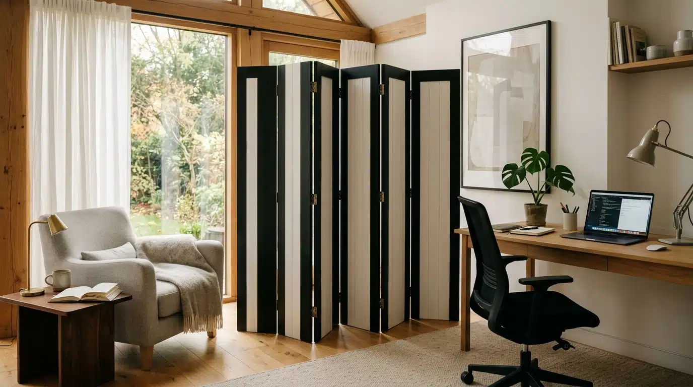 Paravent bicolore en bois séparant un salon lumineux