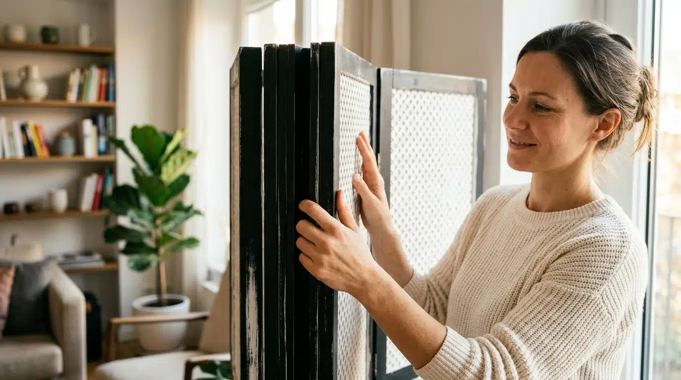 Personne pliant un paravent en bois dans un appartement