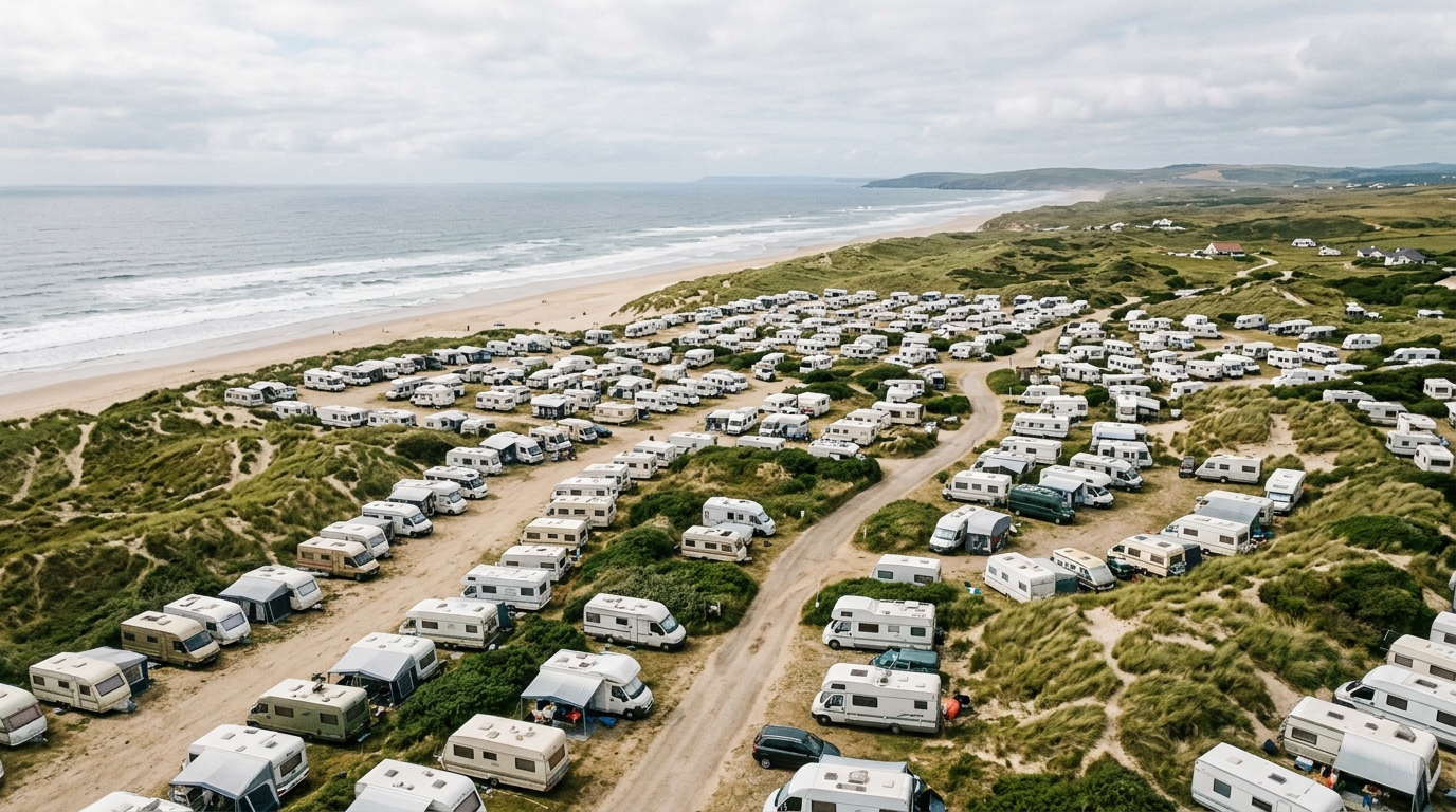 Vue aérienne de caravanes installées sur des dunes protégées
