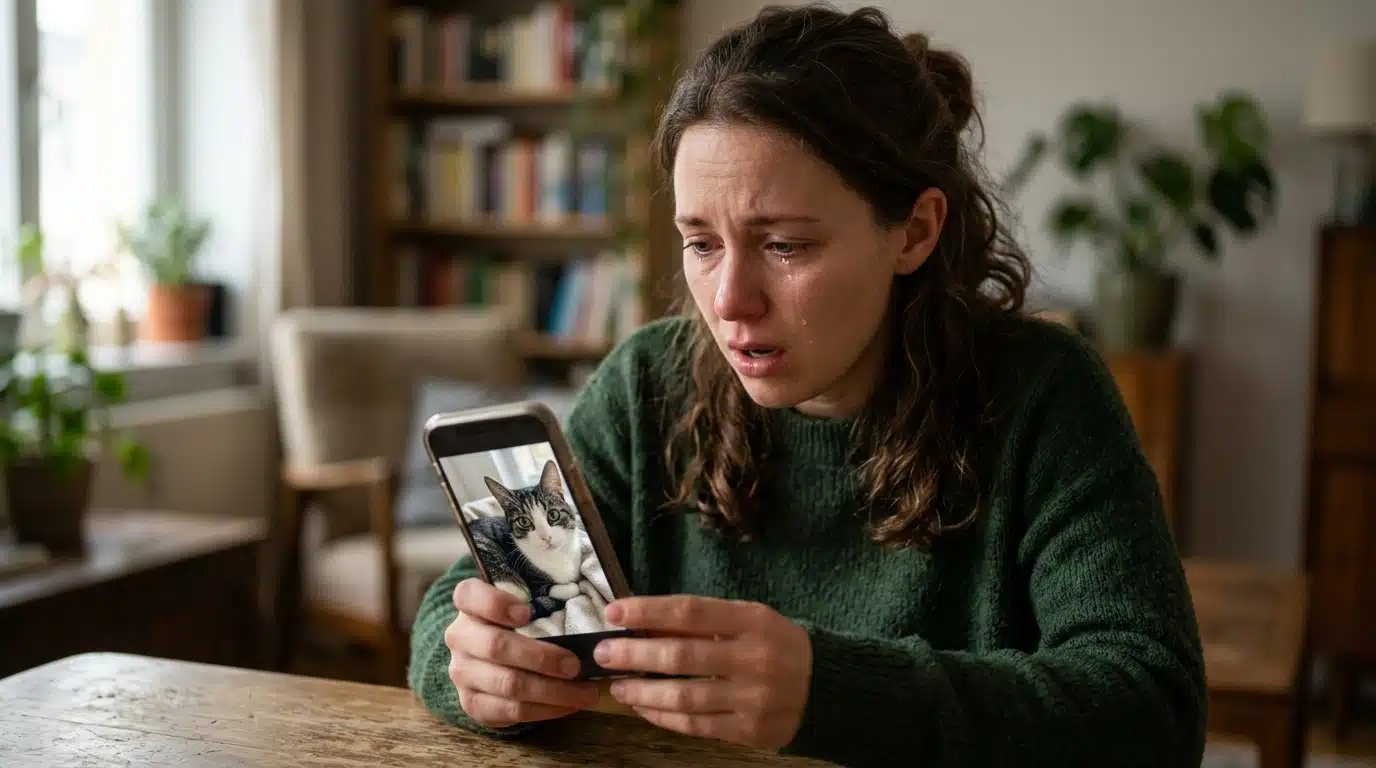 Femme émue regardant une photo de chat sur son téléphone
