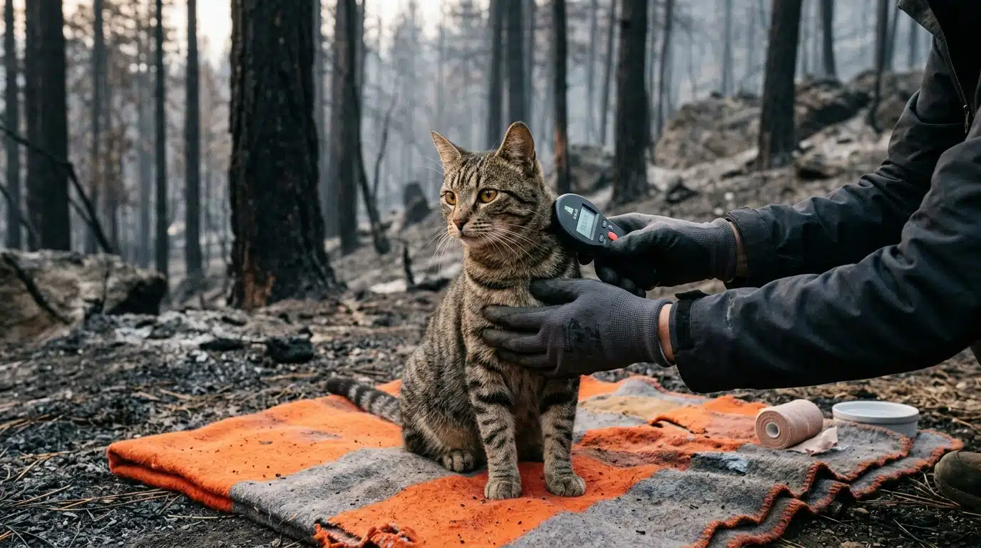 Chat tigré assis devant une forêt de pins calcinée