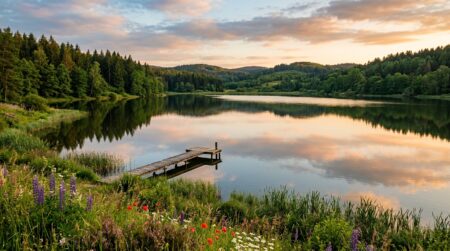 Lac paisible entouré de forêts verdoyantes du ValJoly