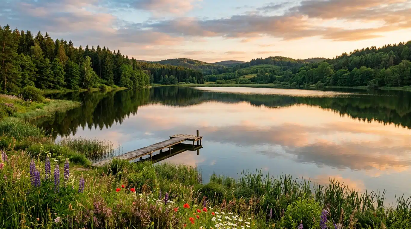 Lac paisible entouré de forêts verdoyantes du ValJoly