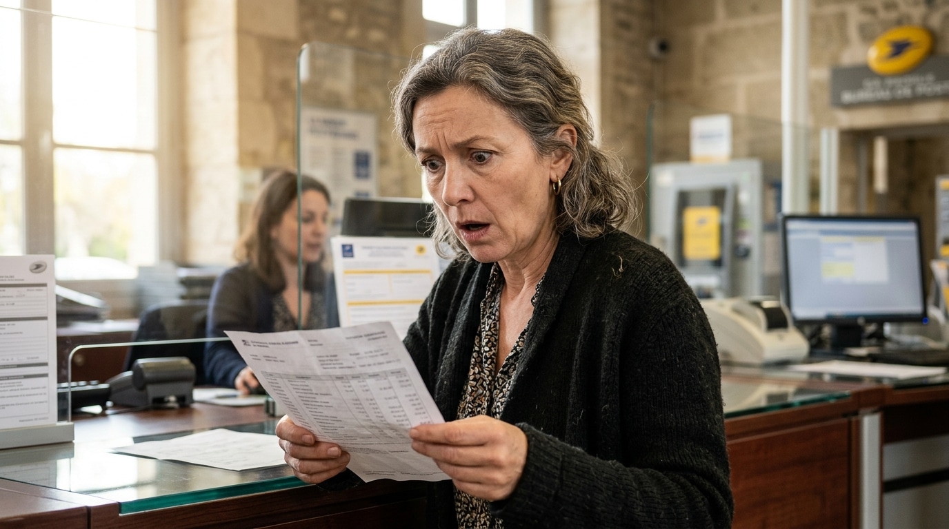 Femme stupéfaite devant relevé bancaire au guichet
