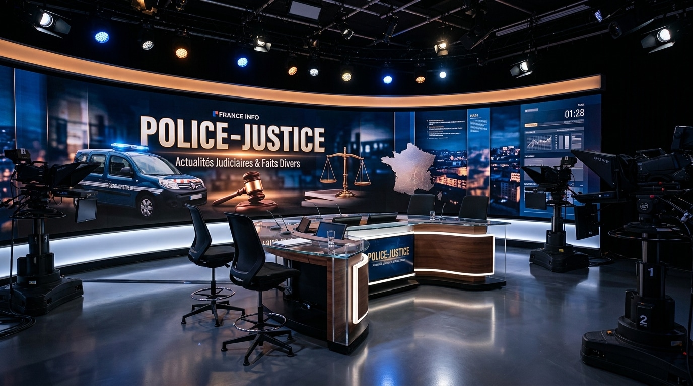 Plateau de télévision vide évoquant un magazine consacré à l'actualité judiciaire
