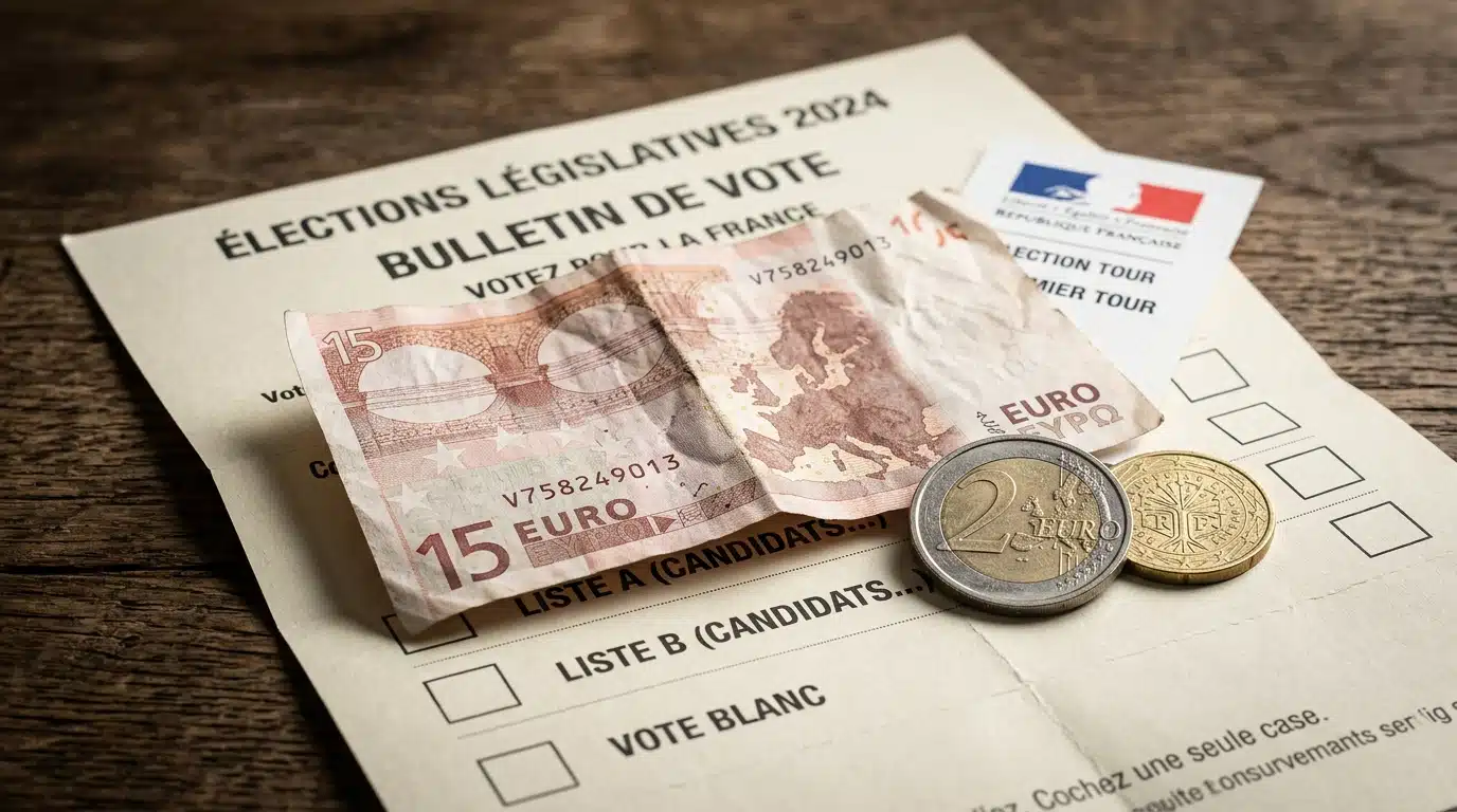 Billet et pièces posés sur un bulletin de vote