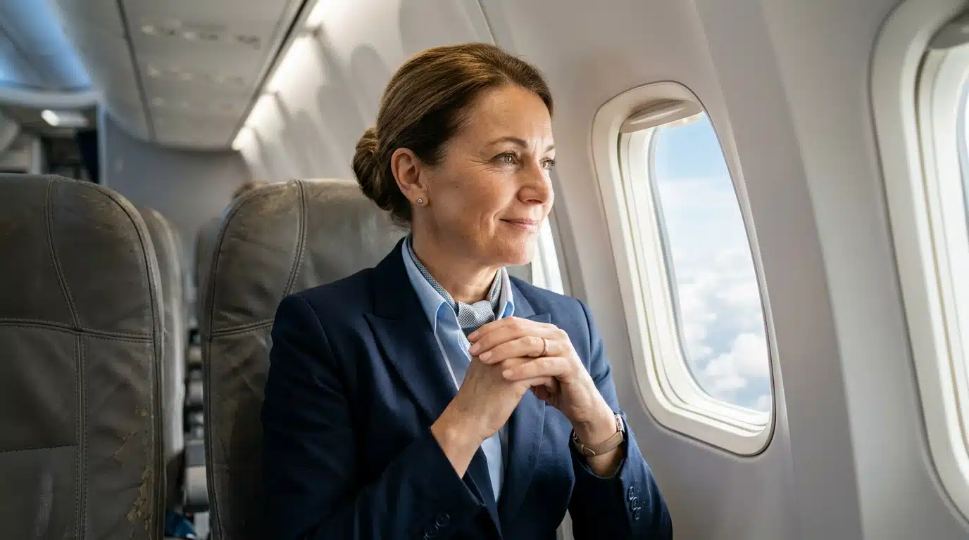 Hôtesse de l'air pensive près d'un hublot d'avion