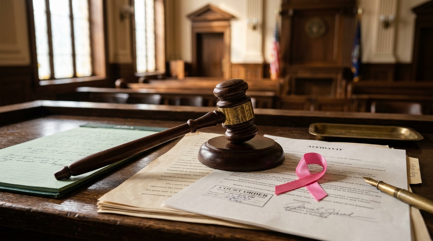 Marteau de justice et ruban rose sur documents officiels
