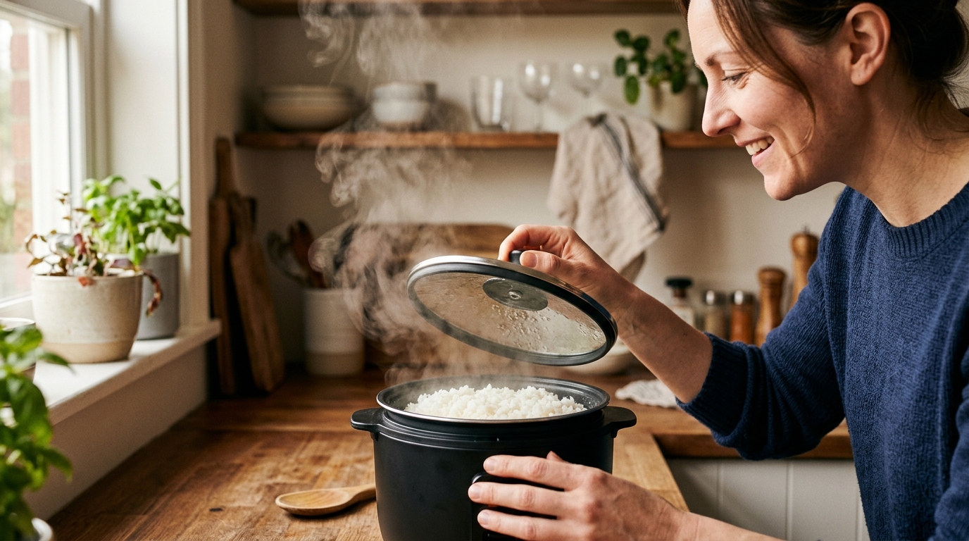 Mains soulevant le couvercle d'un petit multicuiseur