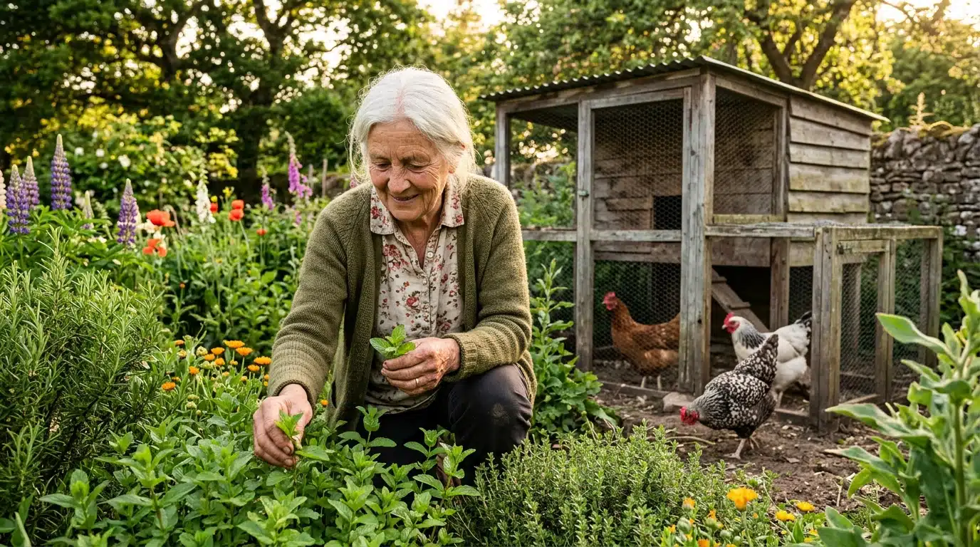 Femme âgée cueillant de la menthe près d'un poulailler