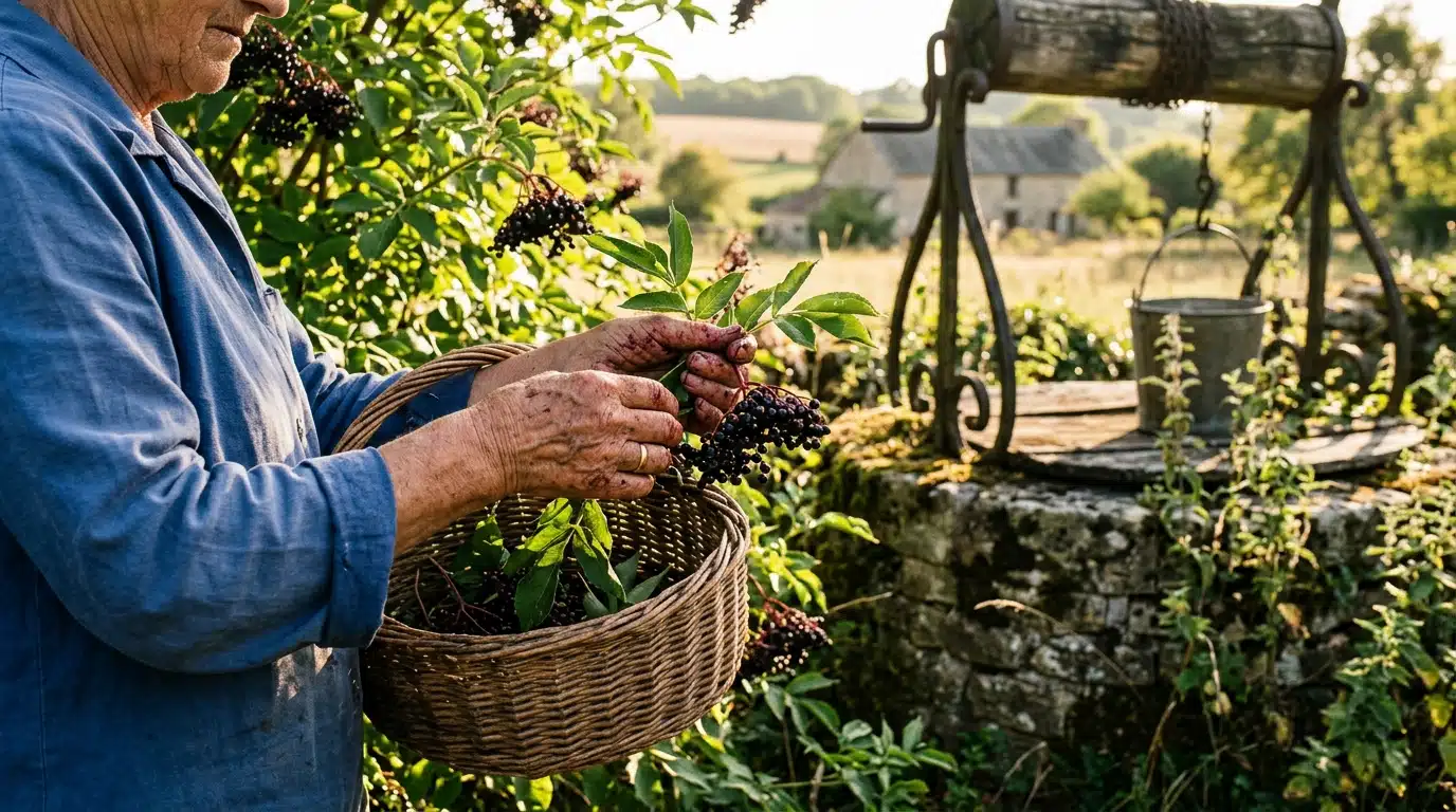 Mains récoltant des baies de sureau près d'un puits ancien
