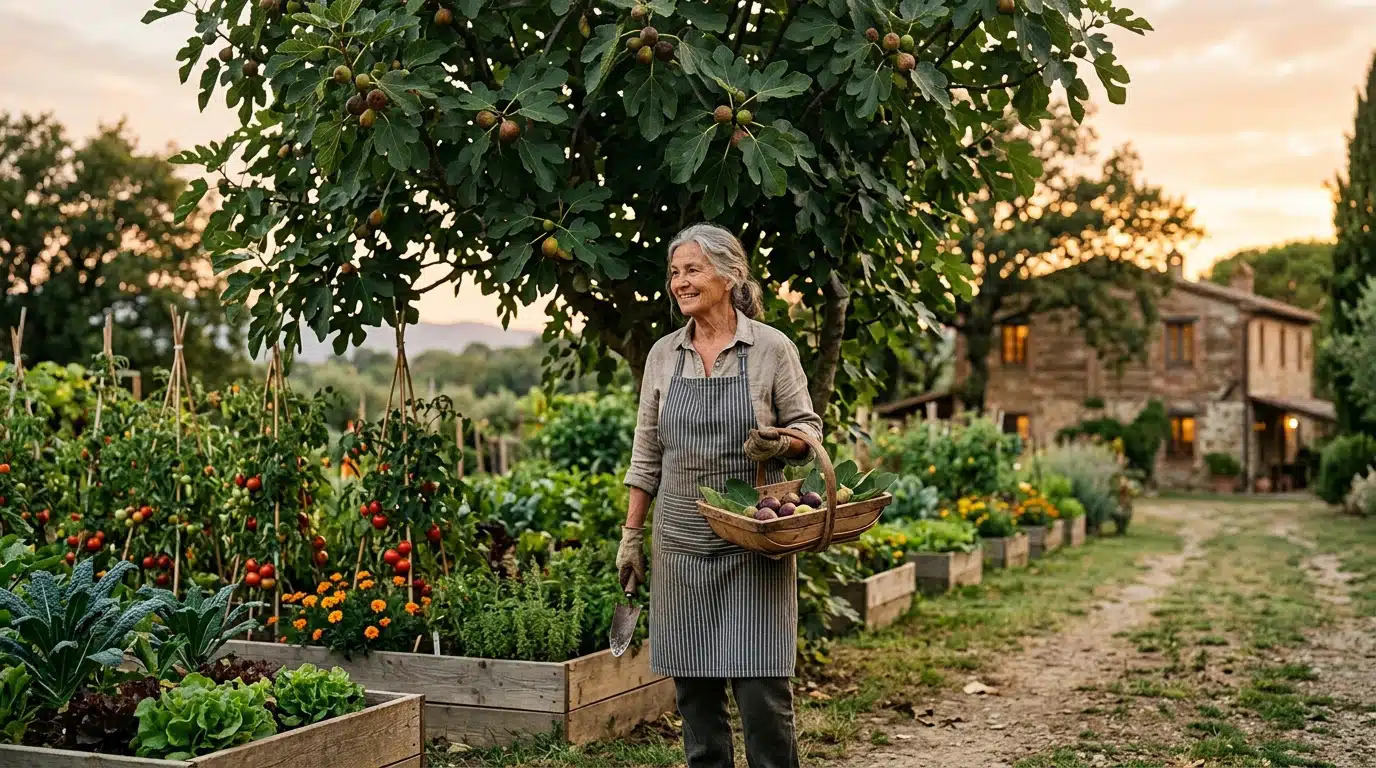 Jardinier senior sous un figuier près du potager