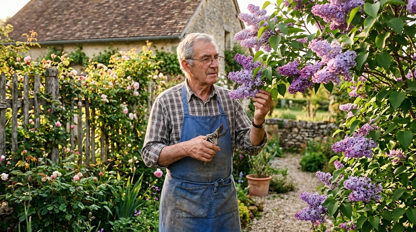 Jardinier hésitant devant un lilas en fleurs avec un sécateur