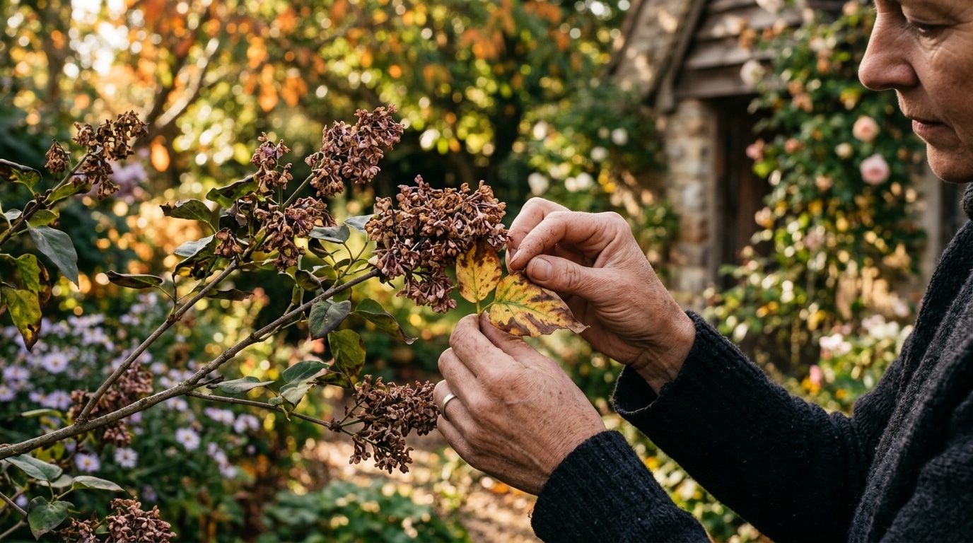 Mains examinant des fleurs de lilas fanées et feuilles jaunies